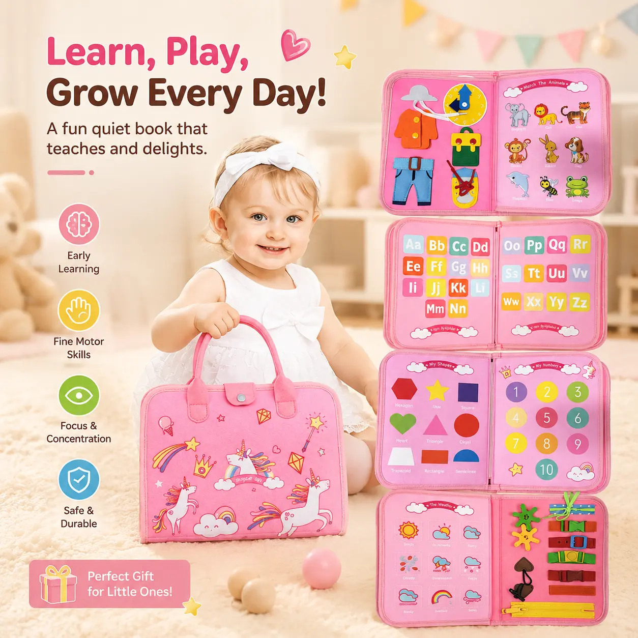 HOTMIR Children's Early Education Felt Busy Book Pink Princess Montessori Educational Toy Baby Life Skills Learning Board Toddler Fine Motor Skills Training Teaching Aid Portable Handheld Travel Quiet Book 1-4 Year Old Girl Birthday Gift