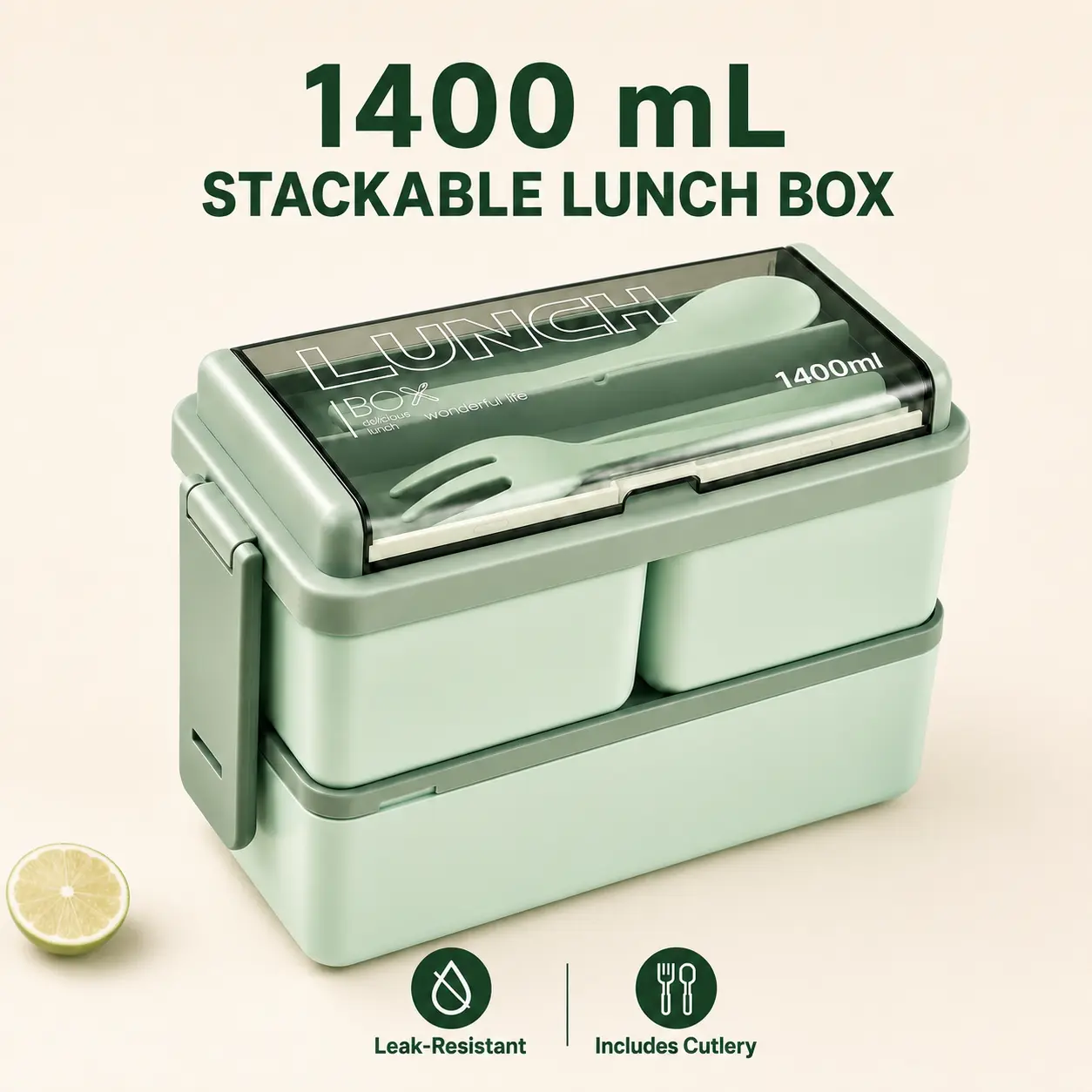 MIUVA Bento Box Adult Lunch Box, 1400ml 2-Layer Stackable Lunch lunchable food storage Container with 3 Compartments, Spoon & Fork, Microwave Dishwasher Freezer Safe Meal Prep Box for Work, School, Picnic, Green