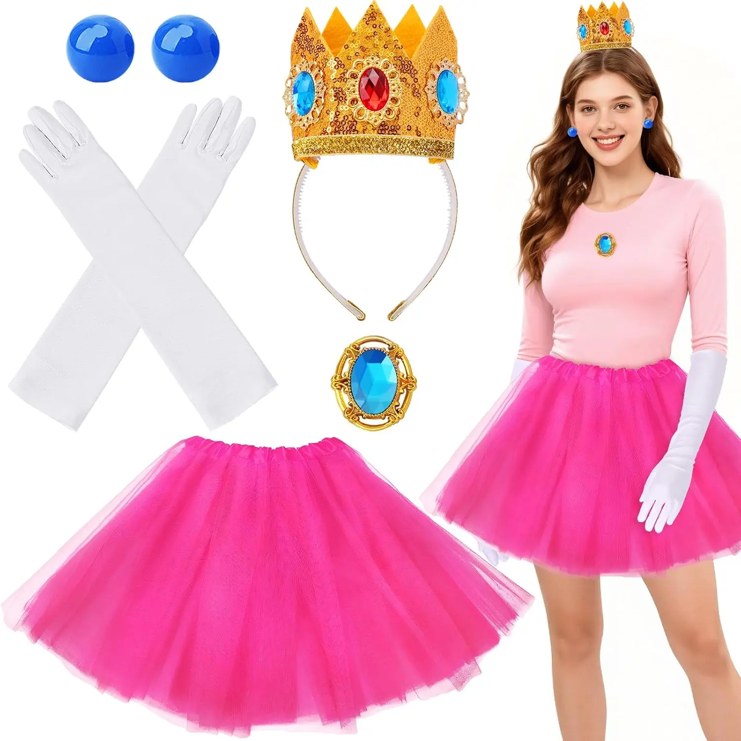 5 Pcs Princess Costume and Accessories Set for Women, Crown/Brooch/Earring/Tutu Skirt Halloween Dress UpGift.