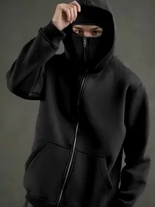 Fashion Hoodie with Full Face Mask Design, Casual Fitted Zipper Sweatshirt, Stylish Knit Graphic Pullover for Men & Women, Trendy Streetwear