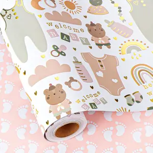 Reversible  Shower Wrapping Paper Roll, Gender Neutral  Wrapping Paper, Metallic Foil  Clothes, Bottle and Rainbow  Wrap for Boys or Girls, 1st Birthday(17 In X 33 Ft)
