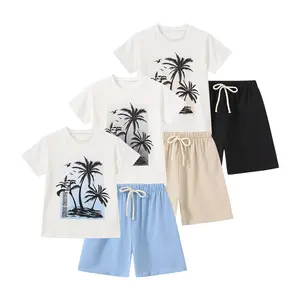 6-Piece #SummerVibes Boys' Coconut Tree Island Print Short-Sleeve Set: Breathable, Skin-Friendly Summer Shorts-Cool, Casual, and Versatile Outdoor Clothing for Boys