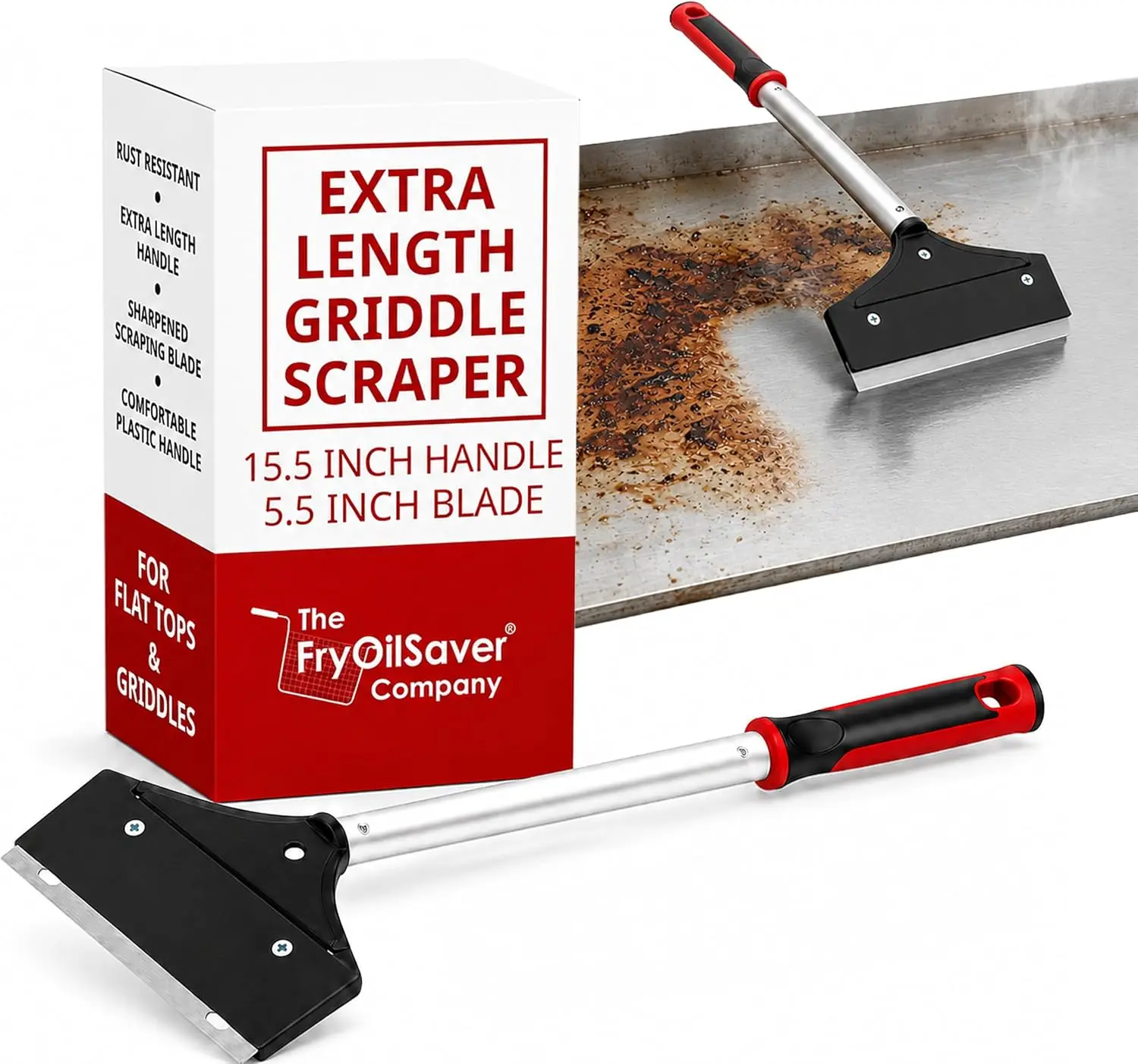 Heavy Duty Flat Top Grill Scraper by Fryoilsaver Co. – 15.5" Handle Grill Cleanup Tool, 5.5" Replaceable Rectangular Rust Resistant Stainless Steel Flat Blade, Removes Burnt-On Food & Grease (Model 90018)
