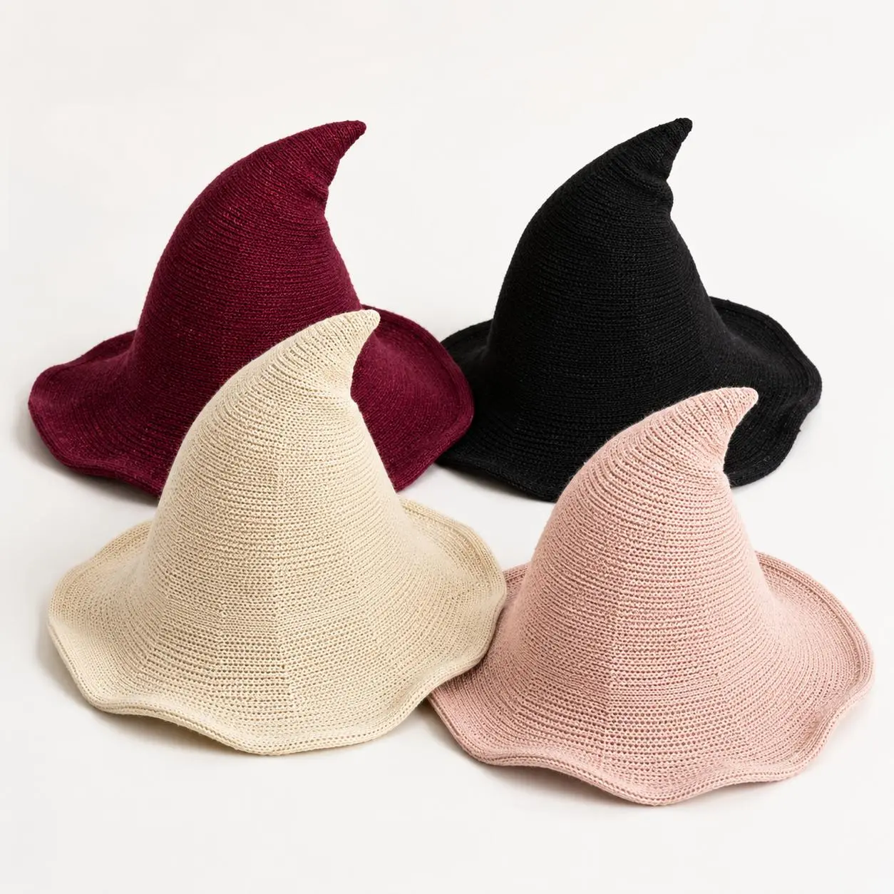 Knitted Witch Hat Foldable Wide Brim Pointed Wizard Hat Halloween Costume 4 Colors