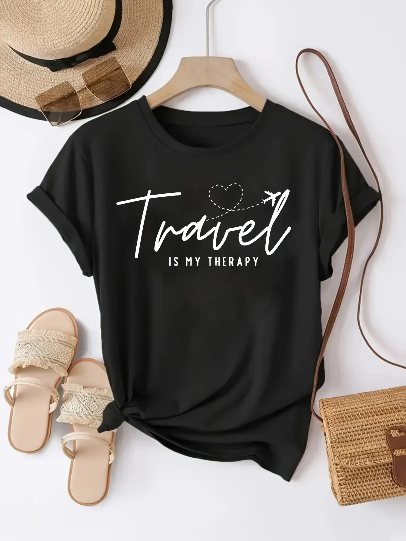 Women's Breathable Travel T-Shirt - Loose Fit Airplane & 'Travel Is My Relaxation' Print Tee Round Neck Short Sleeve Casual Summer Top Suitable for Travel & Casual Attire Machine Washable Comfortable Wearable for - Outfits