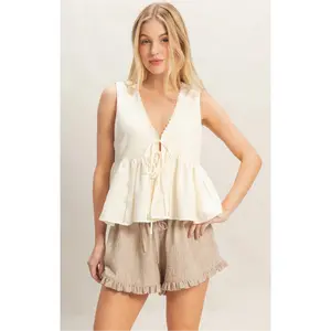 Off White Lace Trim Tie Front Top