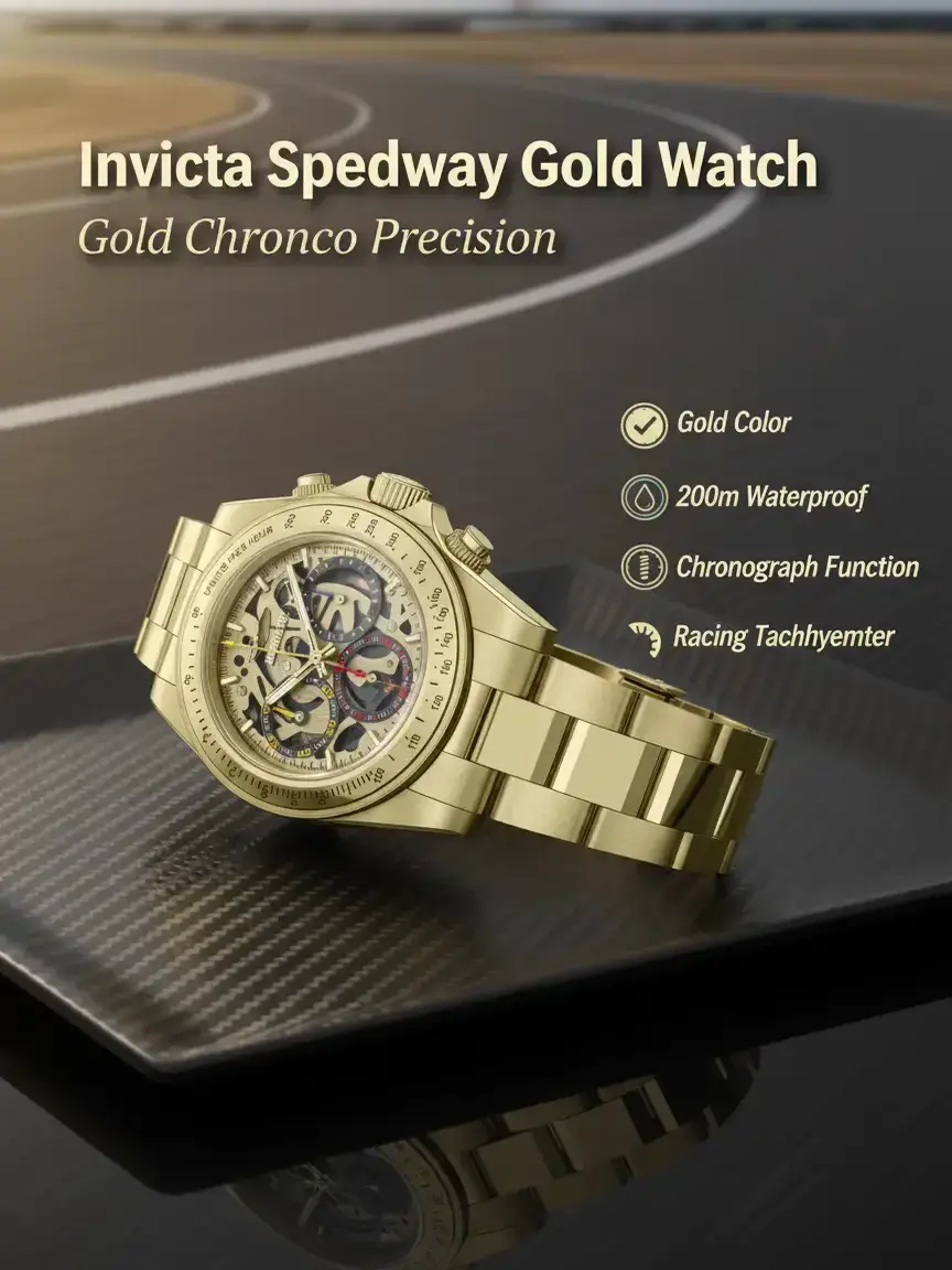Invicta Speedway Gold Skeleton Men's Watch 39mm Japanese Quartz Chronograph Exposed Gear Dial Color Accent Subdial Hands Racing Tachymeter Style Bezel Gold Stainless Steel Bracelet Screw Down Crown 200m Water Resistant Classic Fit