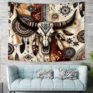 [Boho Bull Skull Pattern Digital Print Tapestry] Tribal Horned Skull Pattern Wall Tapestry, Intricate Geometric Mandala Wall Hanging for Bedroom Decor | Bohemian Room Art | Durable Indoor Wall Hanging Decor | Spiritual Western Wall Art Accent.