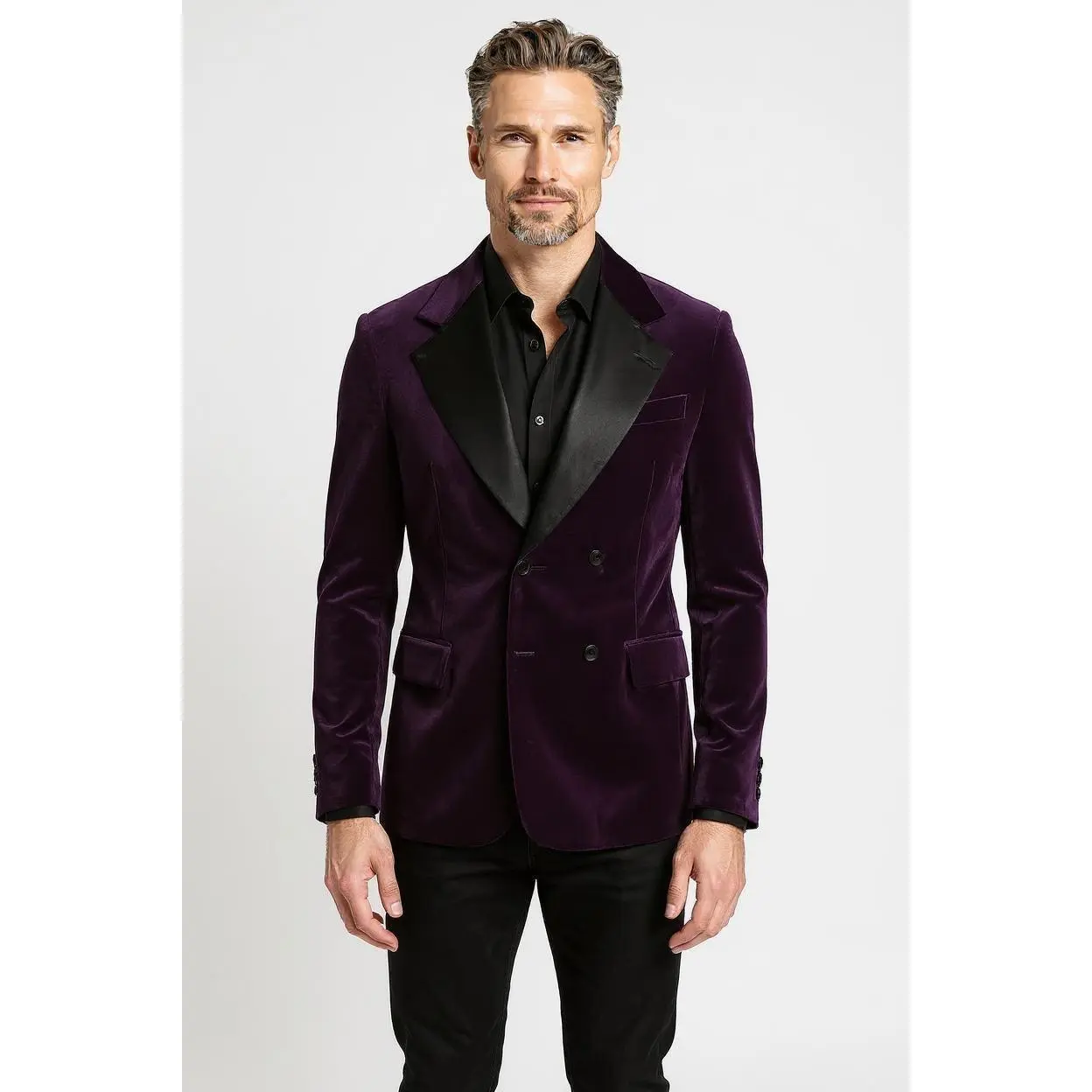 The Royal Orchid Custom Purple Velvet Tuxedo Jacket | Double-Breasted | Black Satin Lapels | Bespoke Menswear