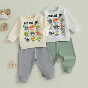 Ma&Baby Toddler Boy Fall Winter Clothes God Says I Am Long Sleeve Dinosaur Print Pullover Sweatshirts + Solid Joggers Pants Outfits Set