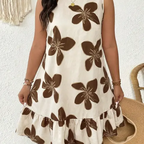 Plus Size Women's Floral Printed Sleeveless Mini Dress, Back Bow, Ruffled Hem, Loose Fit Summer Vacation Dress, Casual Style, Casual Beach Boho Printed Dress, Boho Fashion Dress