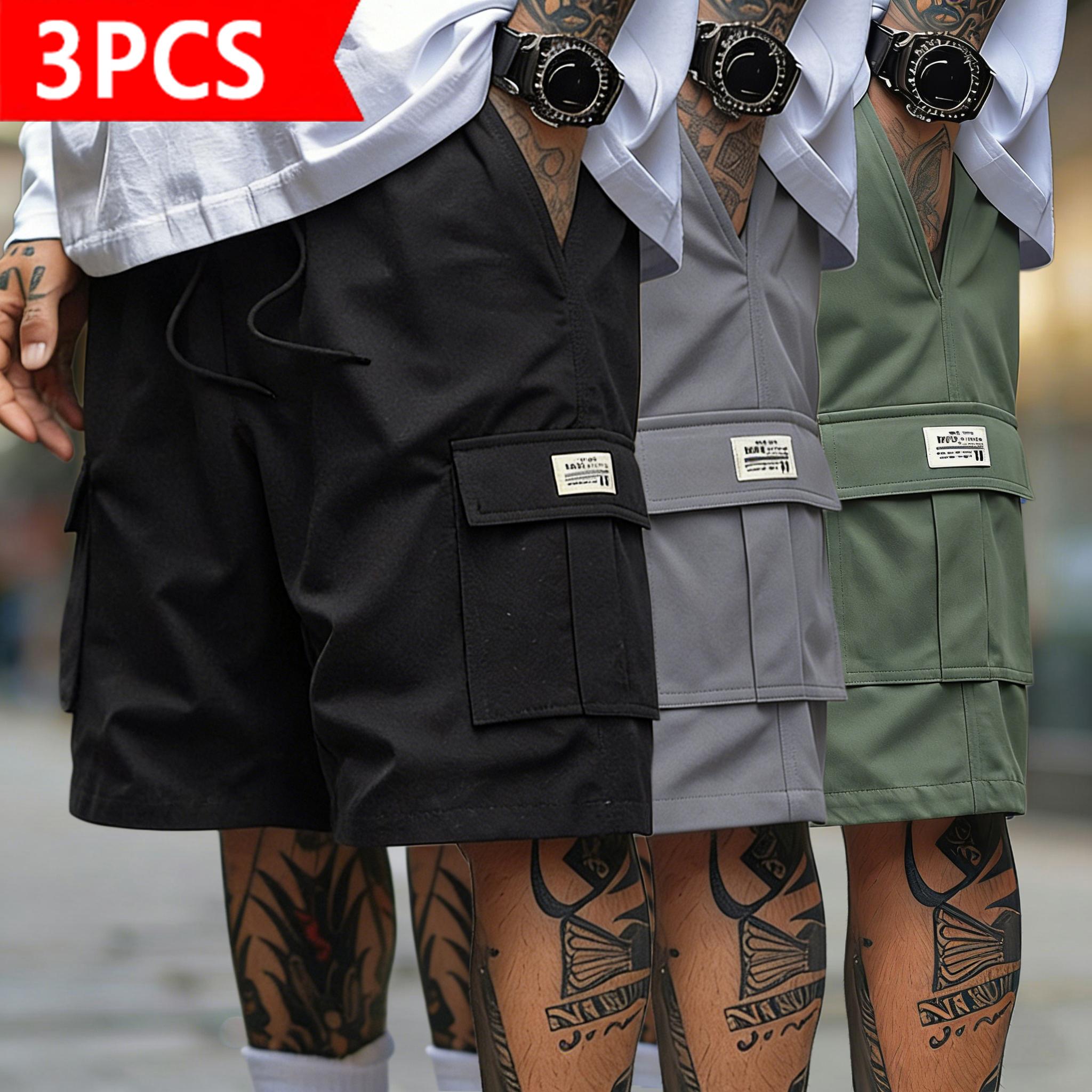 Men’s 3-pack cargo shorts in a trendy street style loose, casual knee-length design with multiple pockets and quick-dry fabric. Suitable for sports and beachwear, an essential summer fashion piece. Crewneck Top