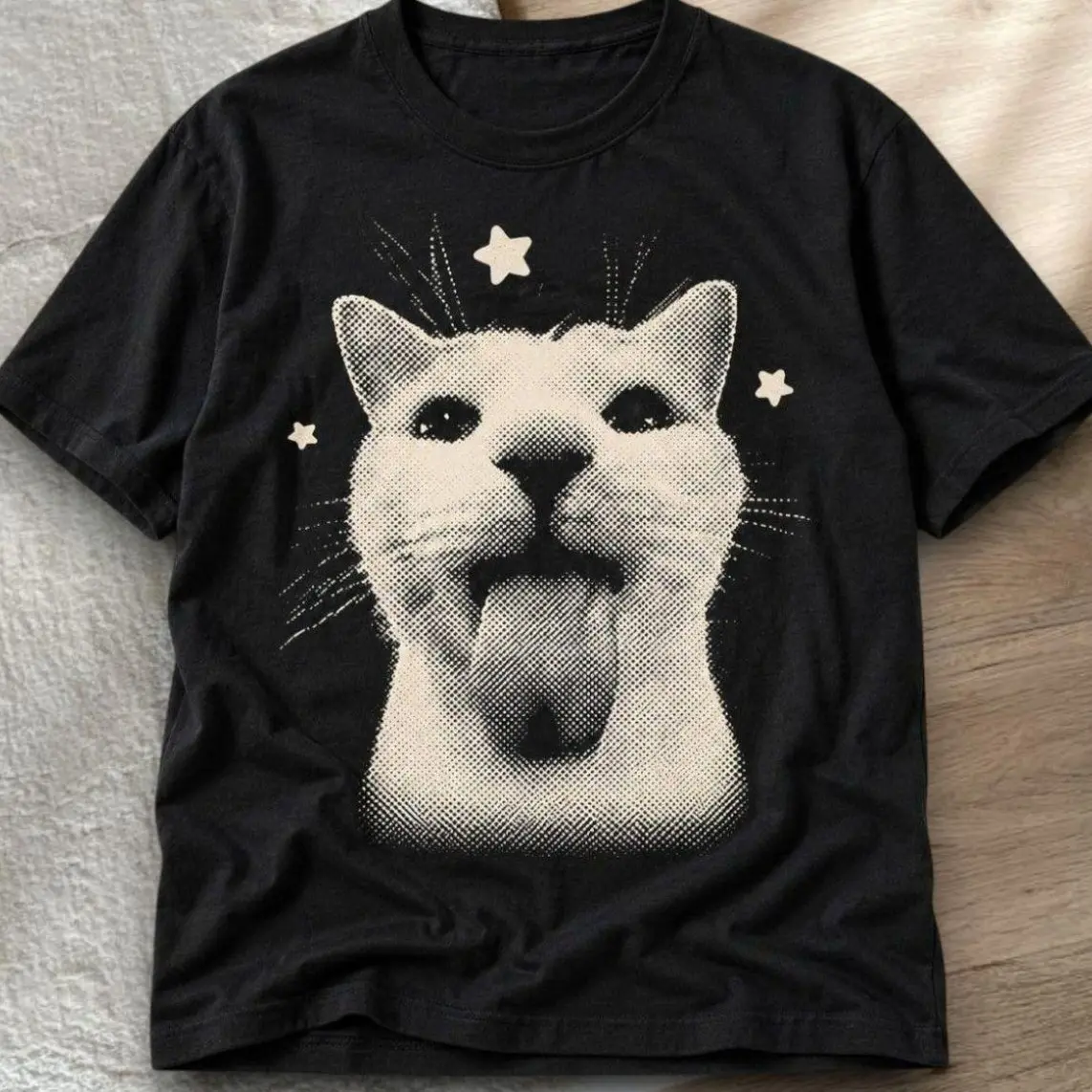 Silly Cat T-shirt Vintage Halftone Cat Blep Tongue Out Graphic Tee, Retro Funny Kitty Stars Shirt, Loose Fit Unisex Top