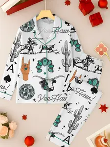 Cute Western Things Sublimation Cowgirl Spade Rodeo Satin Pajama Sets for Women, Western Print, Short Sleeve Top & Shorts, Comfortable Summer Sleepwear Set, Loungewear Pajama, Relaxing Sleeping Clothes, Soft Satin PJs