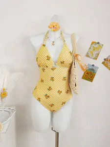 Women's Fashion Leopard Print One-Piece Swimsuit, Halter Backless Sexy Swimwear, Perfect for Beach Vacation Pool Party, Floral Print Swimsuits