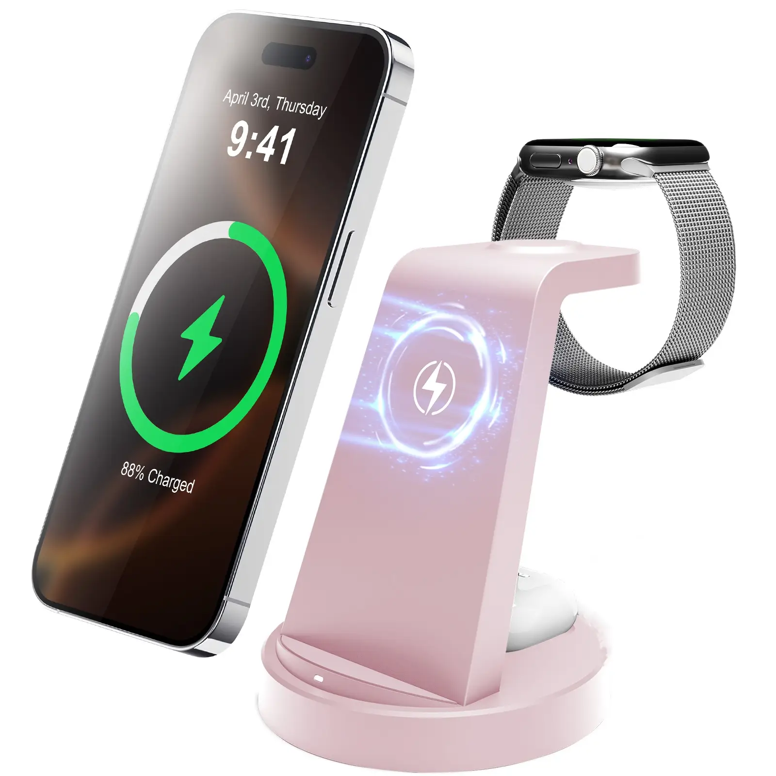 TechLover 3-in-1 Magnetic Wireless Charging Stand for Apple Ecosystem iPhone 15/14/13/12 Apple Watch Series 9-1 AirPods Pro LED Night Light 15W Powerf