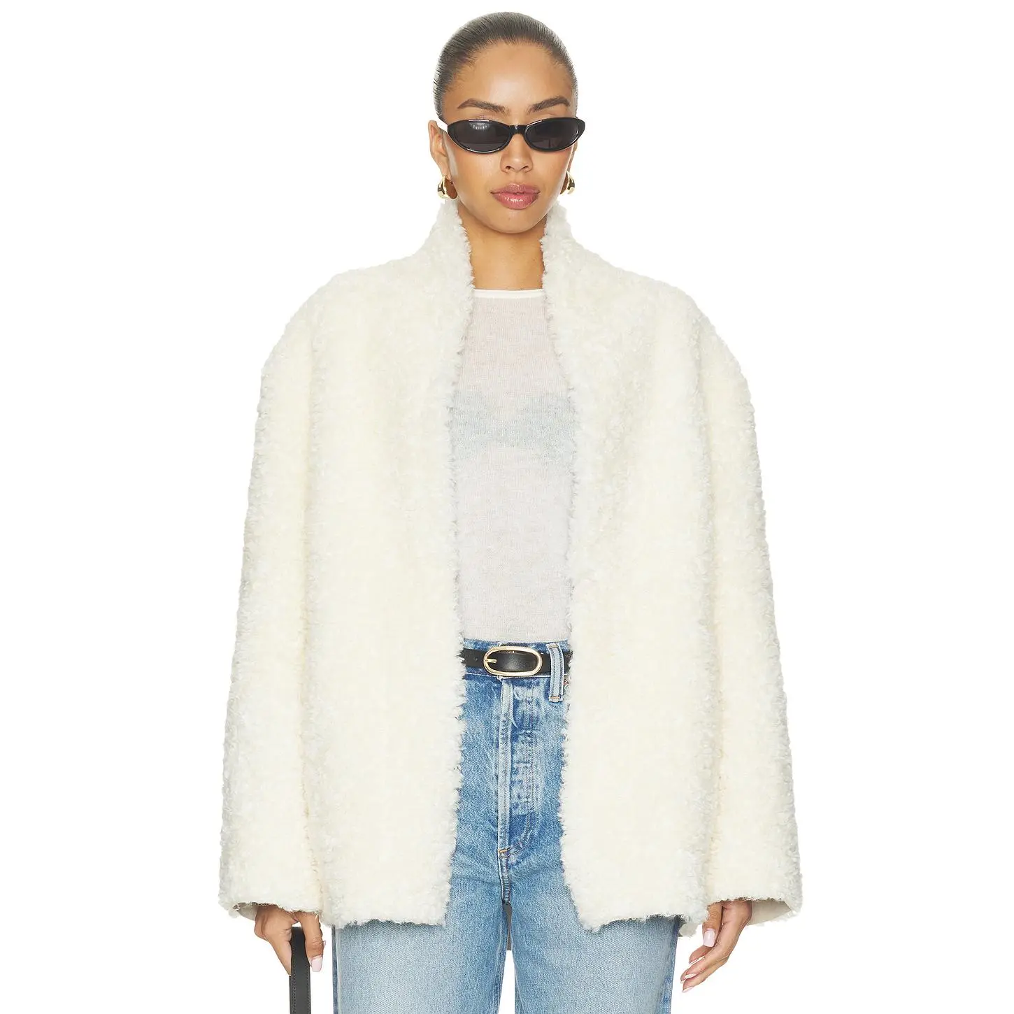 Women's Manuela Shawl-Collar Shearling Fabric Jacket, Ivory Outerwear Coat with Pockets for Stylish Wear