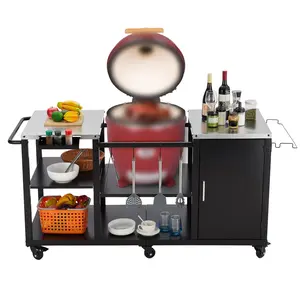 GARVEE Heavy Duty Outdoor Grill Table for Big Green Egg Style BBQ with Storage, Garbage Bag Holder, Hooks, Paper Towel Rack, and Wheels – Compatible with Egg Kamado Griller
