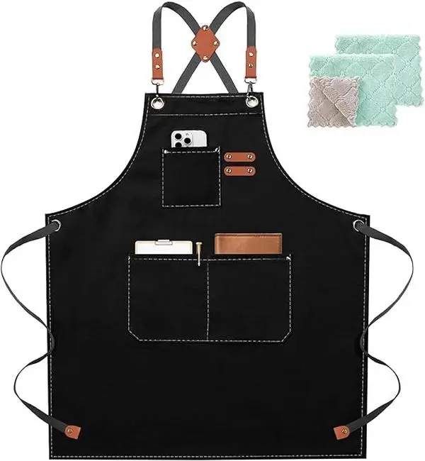 Chef Apron for Men Women with Pockets Adjustable Strap Water Repellent Premium Durable Fabric Double Stitched Pockets Kitchen Essential Cotton Hand Leather Reinforced Traditional, Apron Cotton, Multi-Pocket