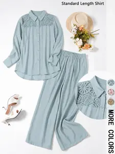 2 Button Down Shirt Wide Leg Trousers Set | Lace Detail Elastic Waist Outfit for Women | Quiet Luxury Office Daily Wear | Old Money Vacation Casual Wear