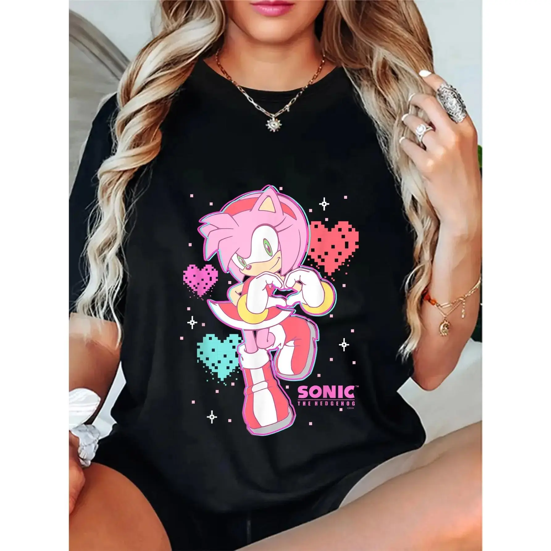 GGOR Unisex 100% Cotton Retro Graphic T-Shirt - Casual Short-Sleeve Streetwear Top with Sonic & Amy Rose Valentine's Day Logo (Sports & Outdoor Clothing, Street Sports Top)