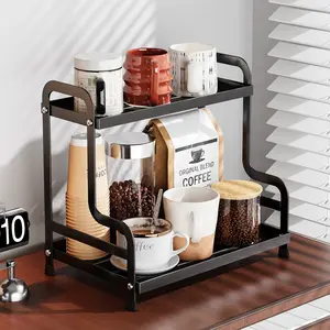 2 Tier Coffee Bar Organizer and Accessories Storage Countertop Shelf for Kitchen Coffee Station Organizer Mug Holder Coffee Condiment Storage Rack , Room Organization Products ,Metal Organizer Shelf for Bathroom & Kitchen ,Black