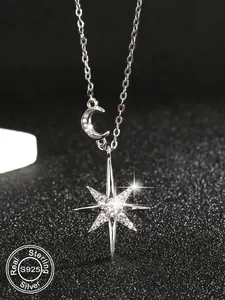 S925 Sterling Silver Star & Moon Design Pendant Necklace for Women & Girls, Fashion Jewelry for Party, Daily Decor, Trendy All-match & Exquisite Jewelry for Birthday Gift