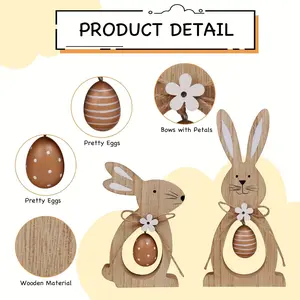 Wooden Easter Bunny Egg Ornaments 2-Piece Set, Farmhouse Style Tiered Tray Decor, Indoor Party Table Setting, Spring Holiday Gift
