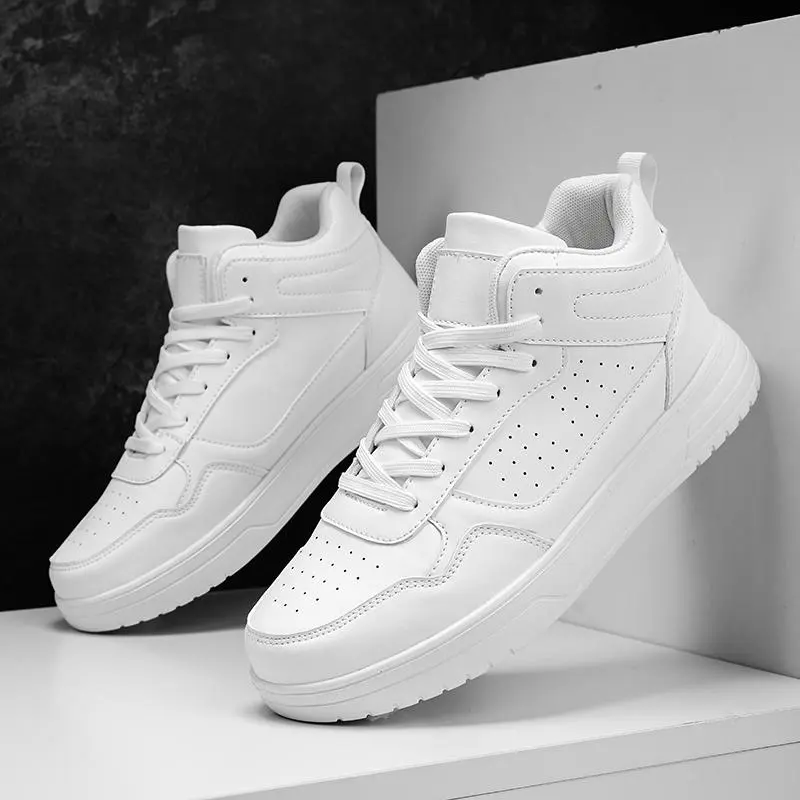 Men's High-Top Athletic Casual Trainers - Lace-Up, Mid-Top, All Seasons, Solid White/Black, Round Toe, Lightweight PU Leather Upper, Secure Lacing, MD Sole, Mid-Calf, Breathable, Court-To-Casual Shoes