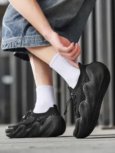 Casual Flyknit Shoes with Thick Sole, Slip-On Lazy Sports Sneakers, Unique Wave Pattern Design, Versatile One-Step on Footwear