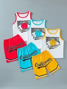 Boy's Basketball Letter Print Tank Top & Shorts Set, Casual Sleeveless Round Neck Top & Shorts, Kids Summer Clothes for Daily Wear, Sports Top