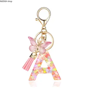 Chic Rainbow Heart Initial Keychain - Elegant Glitter Resin Butterfly Tassel Letter A Key Ring with Shimmering Hearts, Premium Gold Hardware, Versatile Stylish Accessory for Backpack Keys Purse & Kawaii Gift