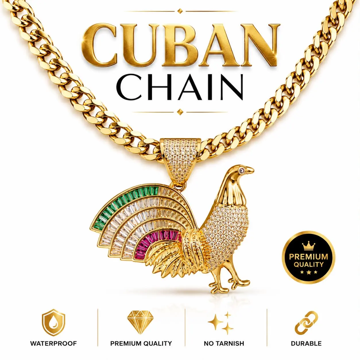 2 Colors - 14K Gold Plated Finish Iced Out 2" Hip Hop Chicken Rooster Peacock Pendant Charm Necklace For Men and Women Gold Statement Chain
