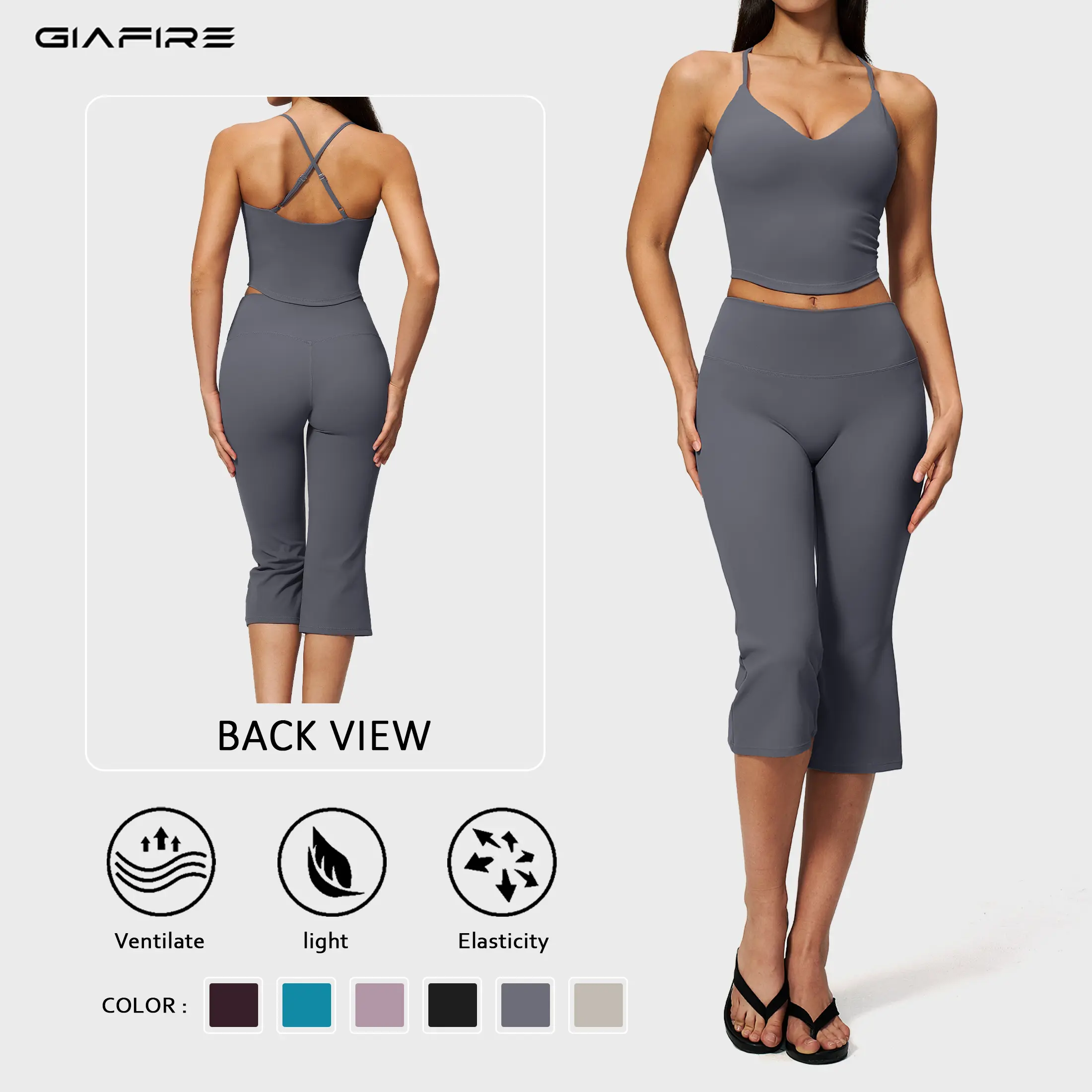 GIAFIRE women’s two-piece athletic casual set: breathable, moisture-wicking thin straps cross-back short tank top and butt-lifting, tummy control high-waisted seven-eighths flared yoga pants. Lightweight, highly elastic, breathable yoga fitness wear suita