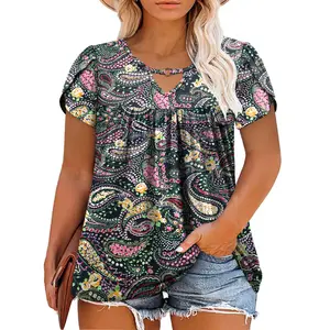 WomenROSRISS Plus-Size-Summer-Tops Chic Keyhole V Neck T Shirts Cute Petal Short Sleeve Blouses Flowy Pleated Tunics XL-5XL 0146
