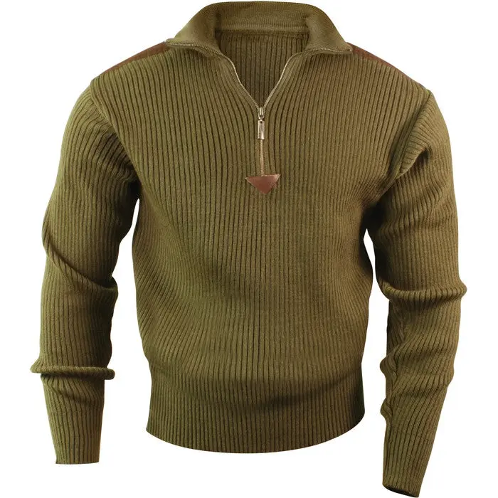 Men's Military Style Brass Neck Commando Sweater - Olive Drab Acrylic Knit Top with 1/4-Zip (Zipper Goes 1/4 Down), Suede Type Cloth Elbow & Shoulder Patches, Triangular Leather Accent Patch, Casual Menswear