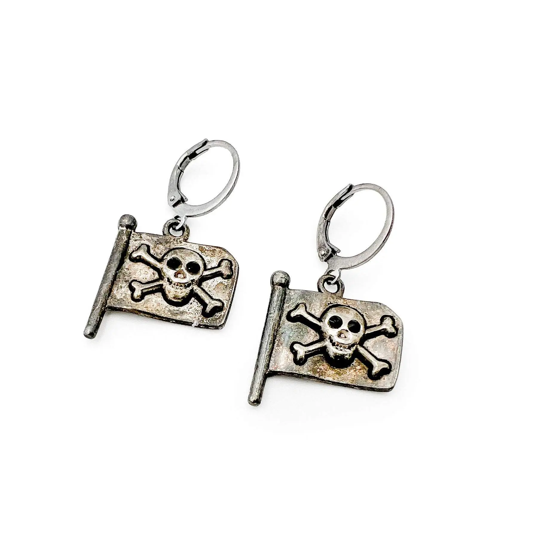 Pirate Flag Rhinestone Earrings, Hand-Patinaed Skull and Crossbones Design