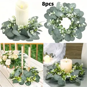 8pcs Artificial Eucalyptus Leaf Candle Rings, Bohemian Wreath Candle Holders with Ring Design, All-Season Wedding and Home Decor for Tabletops, Doors, and Seasonal Displays