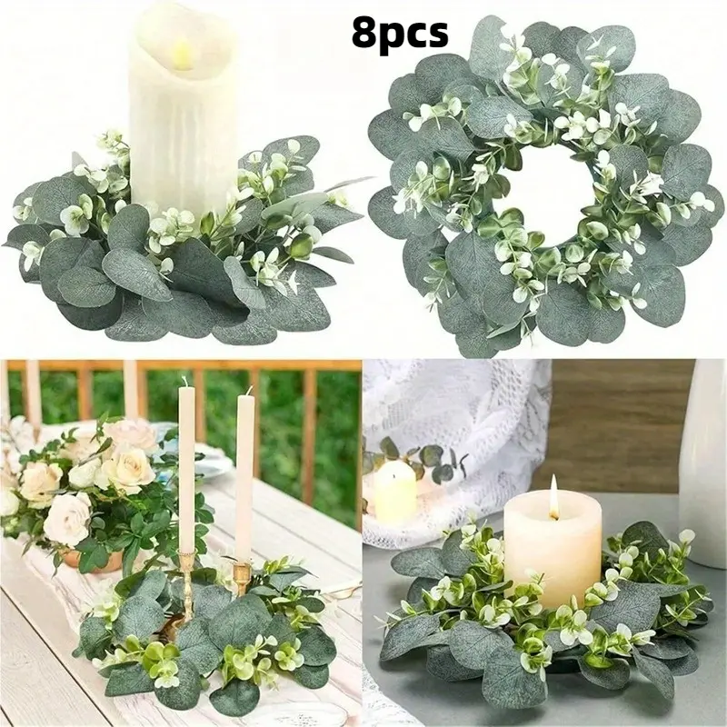 8pcs Artificial Eucalyptus Leaf Candle Rings - Ring-Design Bohemian Wreath Candle Holders, Home & Wedding Anniversary Decor Ornaments for Tabletops, Doors