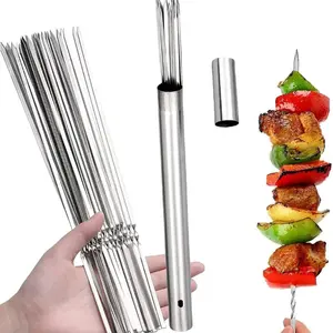 12PCS Stainless Steel 304 Barbecue Skewer 13" Long Flat Kebab Skewers with Portable Metal Storage Tube Wide Reusable Grilling BBQ Sticks for Meat Shrimp Chicken Vegetable