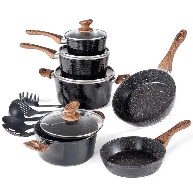Kitchen Academy Induction Cookware Sets - 12/15 Pcs Black Hammered Cooking Pans Set with Healthy Granite Nonstick Material, for kitchen & camping, Deals for you