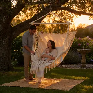 Hanging Hammock Chair with 2 Cushions – 330 lbs Capacity, Boho Cotton Rope Swing Chair with Fringe, Foldable Indoor Outdoor Hanging Seat for Bedroom, Patio, Garden & Balcony