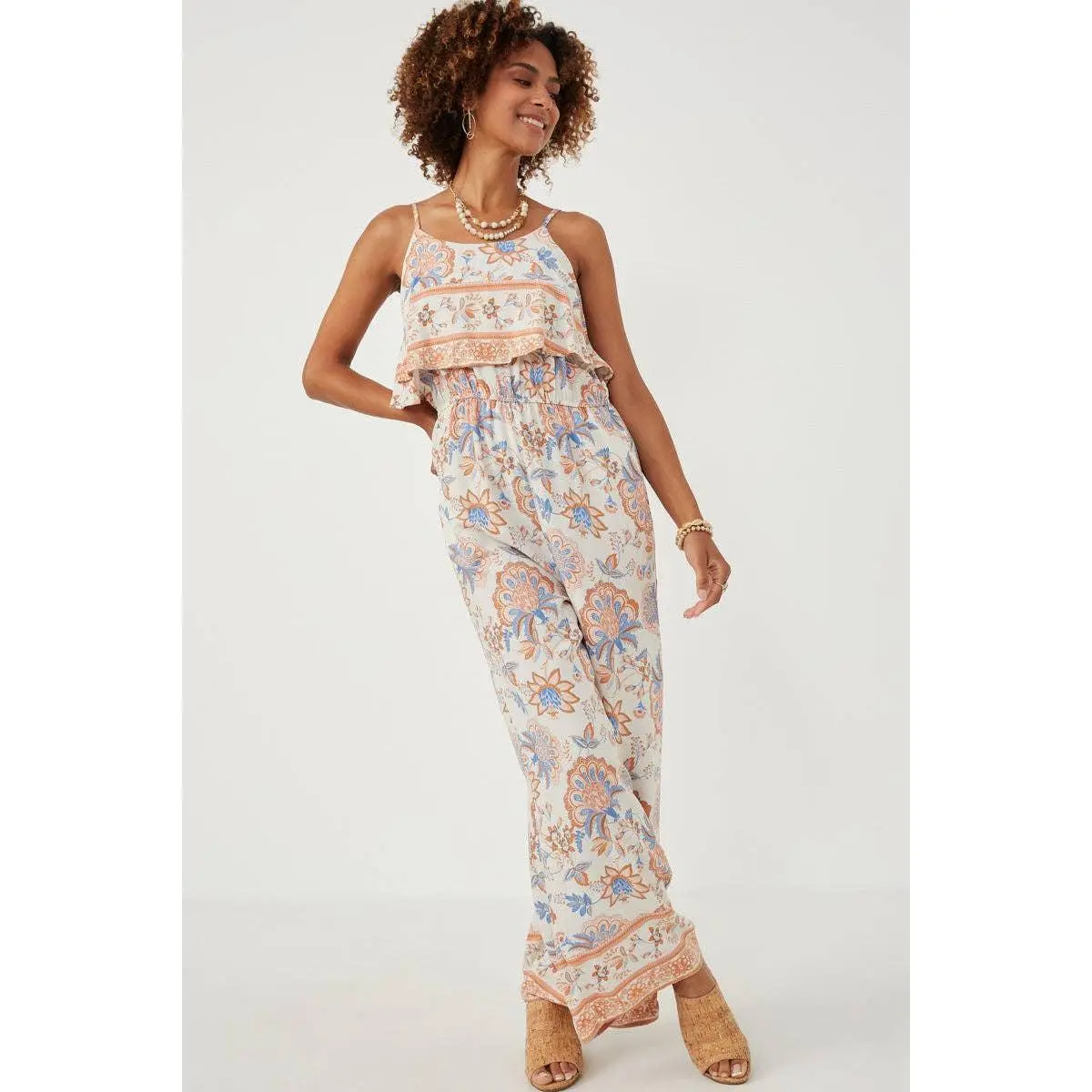 Womens Border Print Wide Leg Layered Jumpsuit