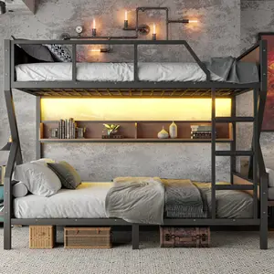 Queen over Queen Bunk Bed Frame, Heavy-Duty Metal Bunk Bed with Storage Shelves and Lights, Space-saving & Noise-free Design, Black+Brown