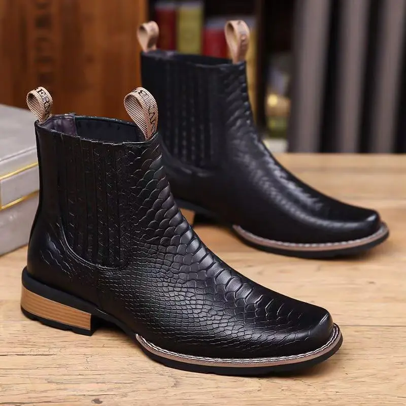 Men's Snake Print Square Toe Chelsea Ankle Boots - Synthetic PU Footwear, Elastic Slip-On, ABS Sole, Casual Wear Western Cowboy Hiking Shoes for Outdoor Sports