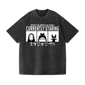 Menswear Short-Sleeve Casual Distressed Festive Ghibli No-Face Kaonashi Totoro Vintage Wash Design T-Shirt