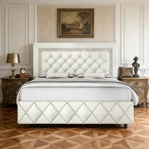 Twin Full Queen King Size Upholstered Bed Frame with Diamond Tufted Headboard & Footboard, Multiple Colors Pearl White Beige Black Grey Pink Purple Green, Stylish Bedroom Furniture