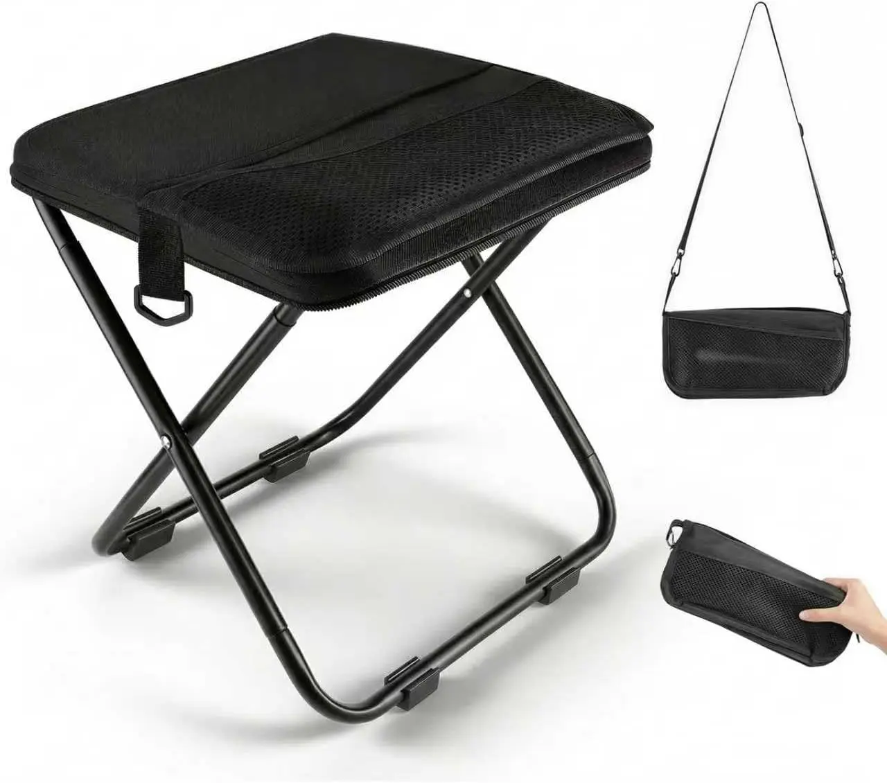 Collapsible Foldable Seat Stool - Lightweight Nylon Portable Office Presentation Stool, Waterproof, Abrasion-Resistant, Adult-Sized, 280 lbs Capacity, Dual Storage Pockets, Ideal for Camping (Black), Collapsible Stools, Foldable Seat Stools