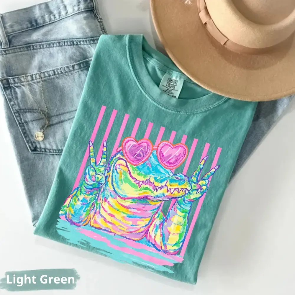 Comfort Colors Preppy Crocodile T Shirt, Alligator with Heart Sunglasses TShirt, Girly Summer Animal T-Shirt, Trendy Kids Graphic Tee Gift