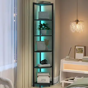 Corner Shelf with LED Light, 6-Tier Corner Bookshelf, Tall Narrow Display Bookcase with Metal Frame, Standing Shelf for Small Space, Living Room,  Office, Bedroom, Black CS66606B
